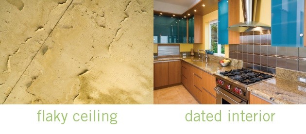 damp mould flaky ceiling | dated interior
